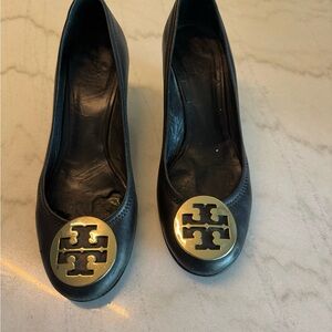 Tory Burch Black and Gold Flats with Signature Medallion